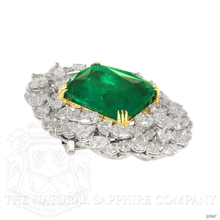 31.53 Ct. Emerald and Natural Diamond Pave Brooch, Platinum & 14K Yellow