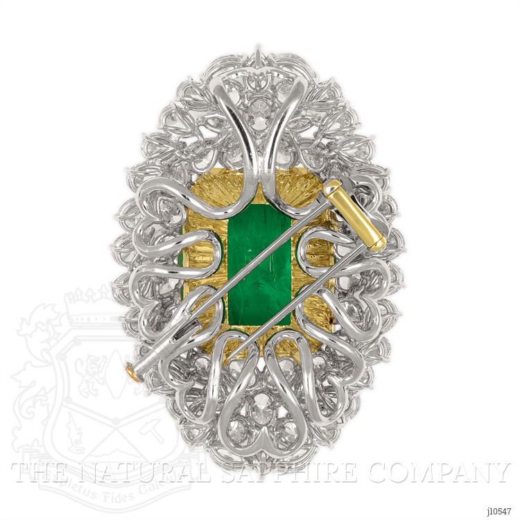 31.53 Ct. Emerald and Natural Diamond Pave Brooch, Platinum & 14K Yellow