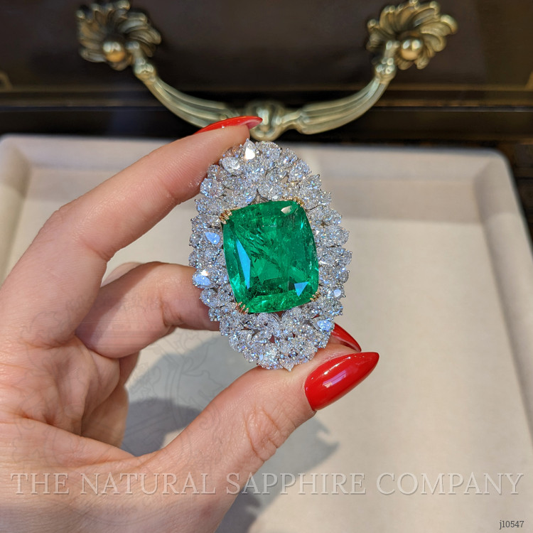 31.53 Ct. Emerald and Natural Diamond Pave Brooch, Platinum & 14K Yellow