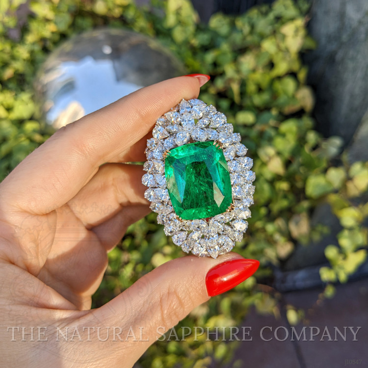 31.53 Ct. Emerald and Natural Diamond Pave Brooch, Platinum & 14K Yellow