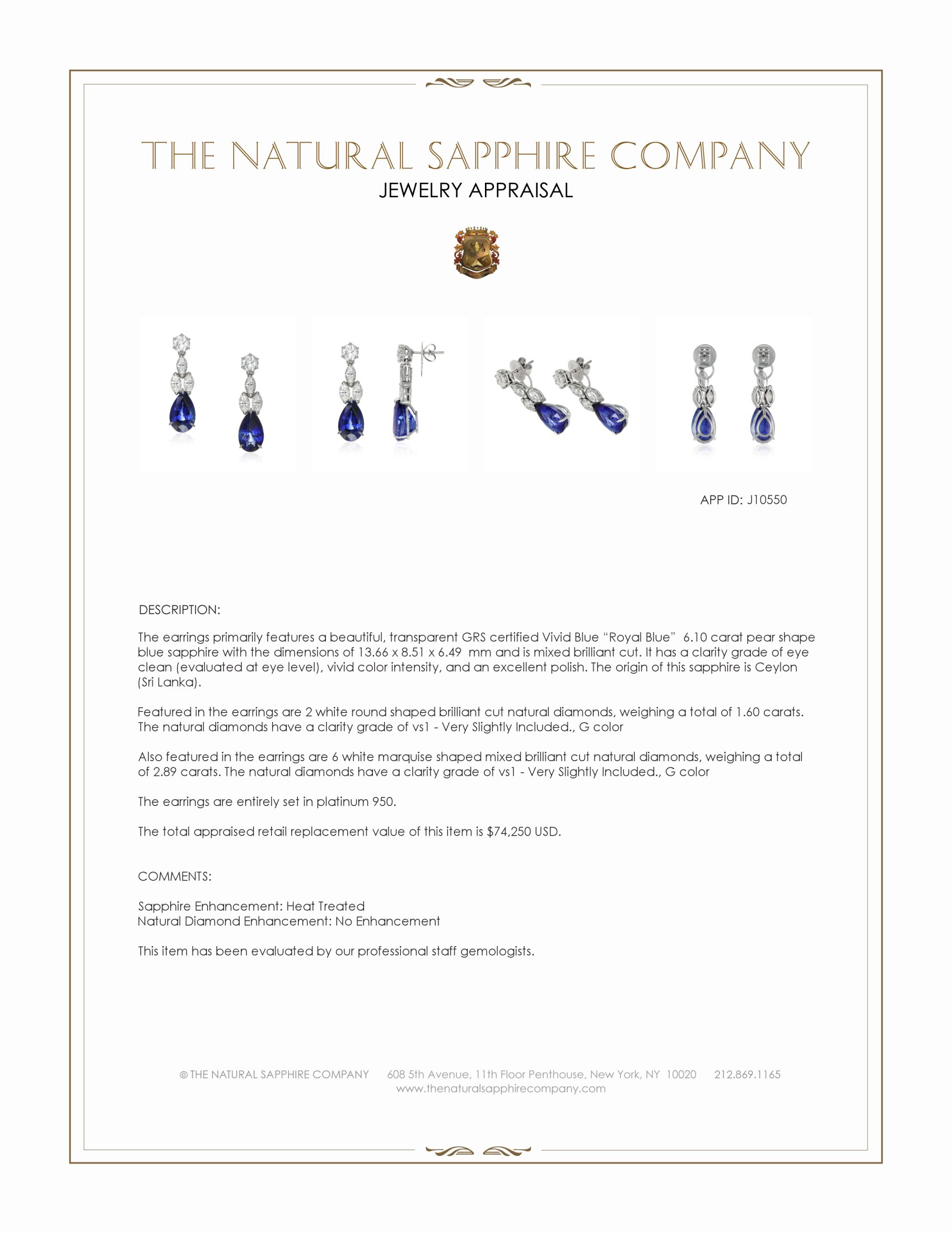 13.29 Ct.Tw. Blue Sapphire and Natural Diamond Accent Stones Earrings, Platinum 950