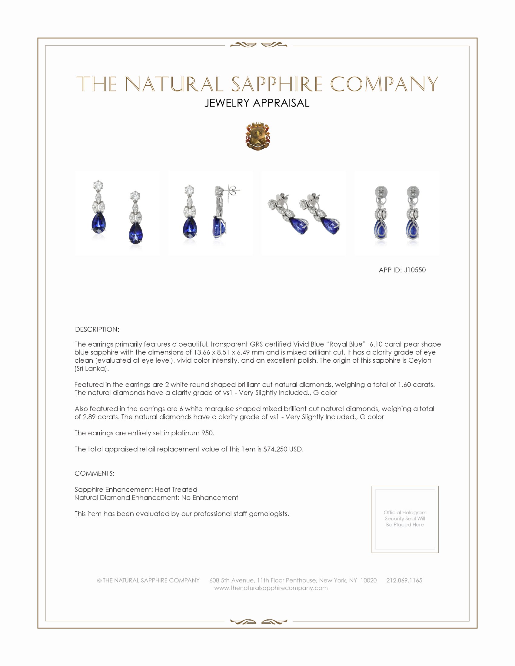 13.29 Ct.Tw. Blue Sapphire and Natural Diamond Drops Earrings, Platinum 950