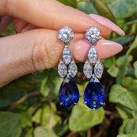 13.29 Ct.Tw. Blue Sapphire and Natural Diamond Drops Earrings, Platinum 950 Life Style