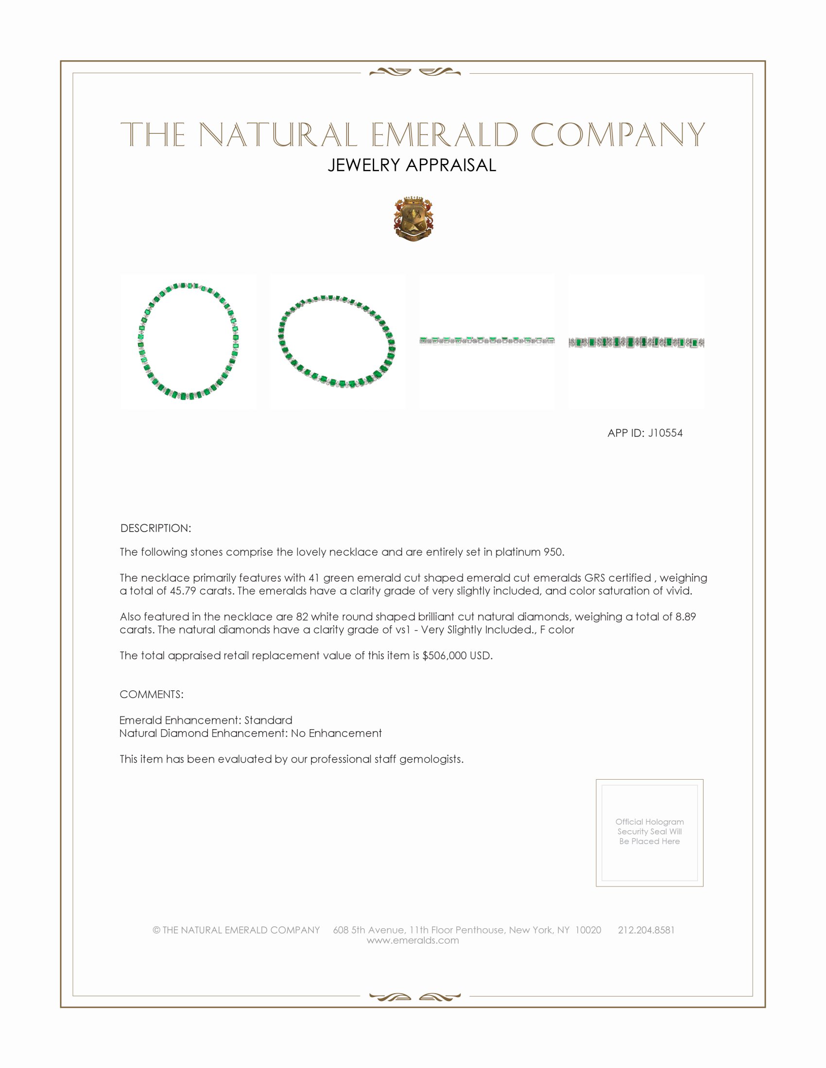 45.79 Ct. Emerald and Natural Diamond Accent Stones Necklace, Platinum 950