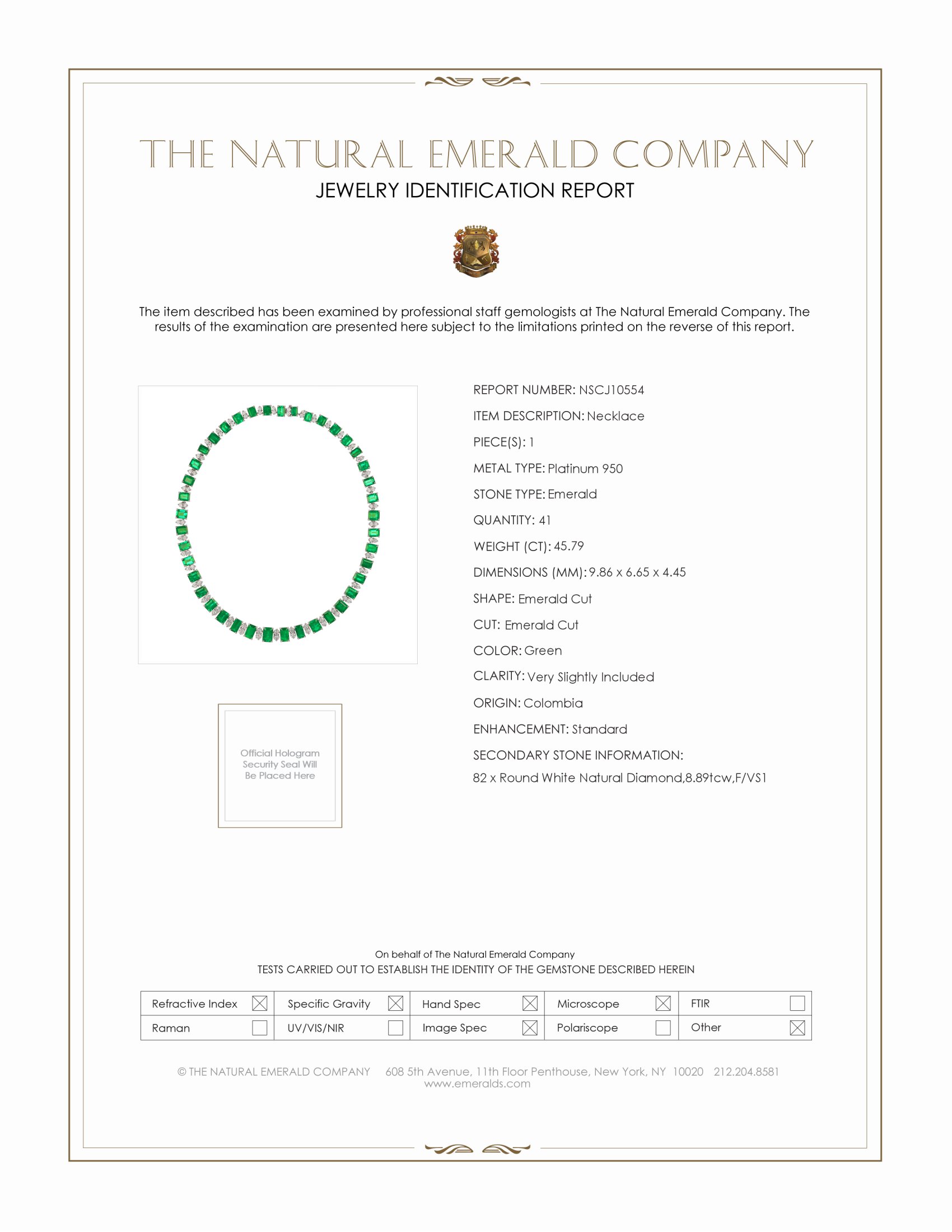 45.79 Ct. Emerald and Natural Diamond Accent Stones Necklace, Platinum 950