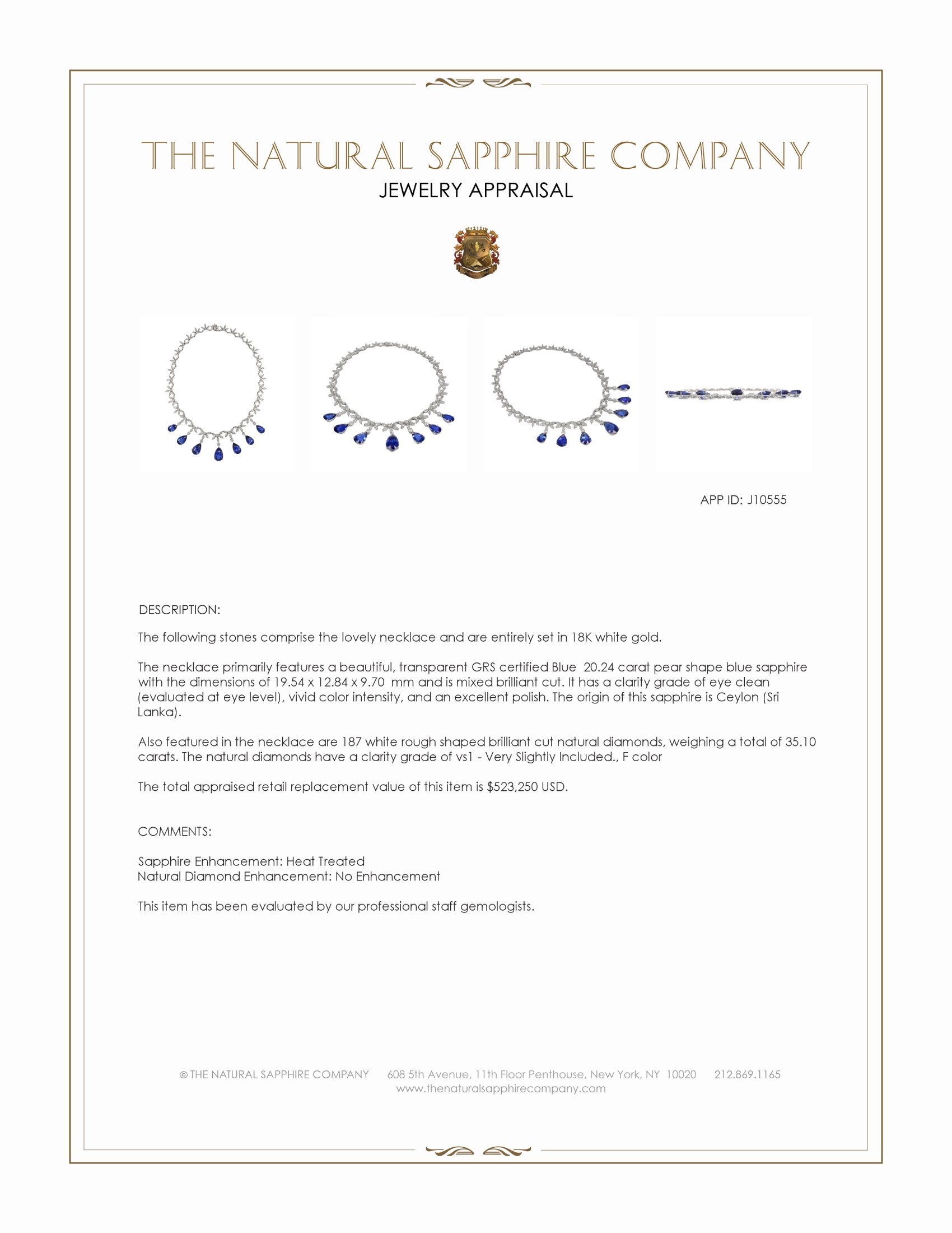 71.74 Ct.Tw. Blue Sapphire and Natural Diamond Pave Necklace, 18K White Gold