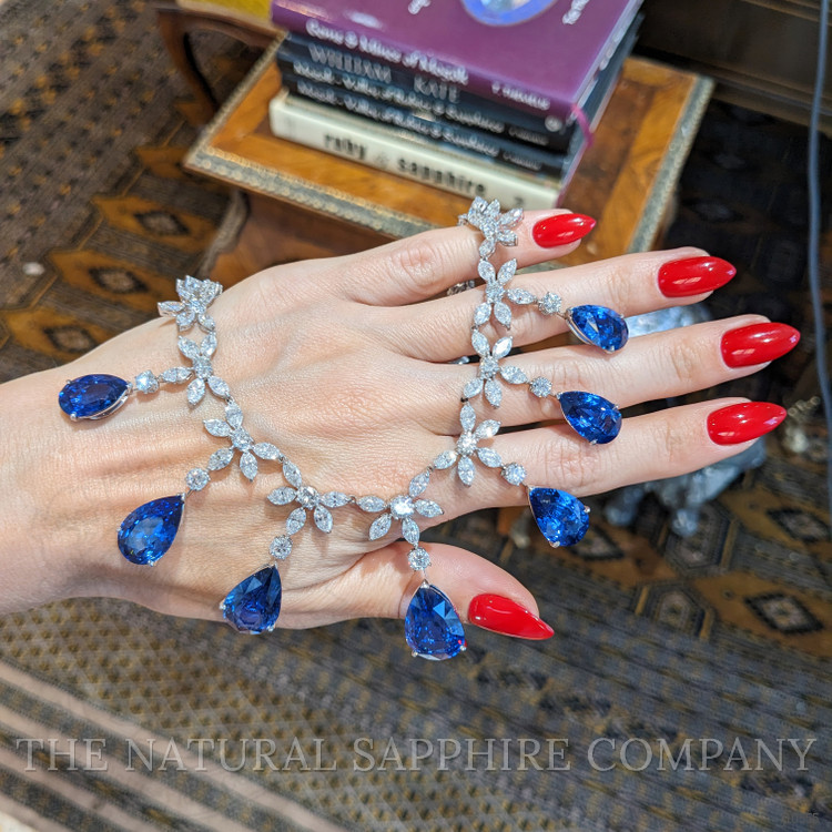 71.74 Ct. Blue Sapphire and Natural Diamond Pave Necklace, 18K White Gold