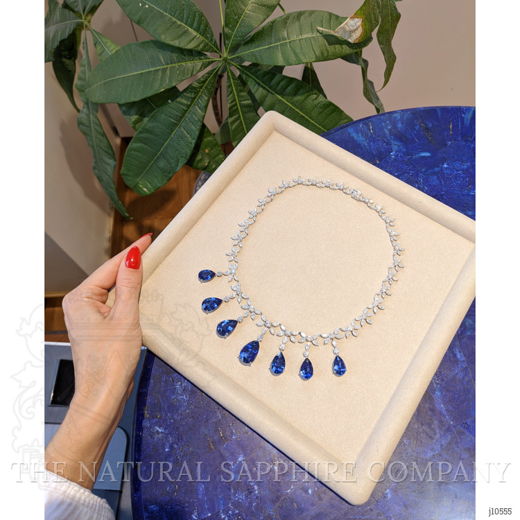 71.74 Ct. Blue Sapphire and Natural Diamond Pave Necklace, 18K White Gold