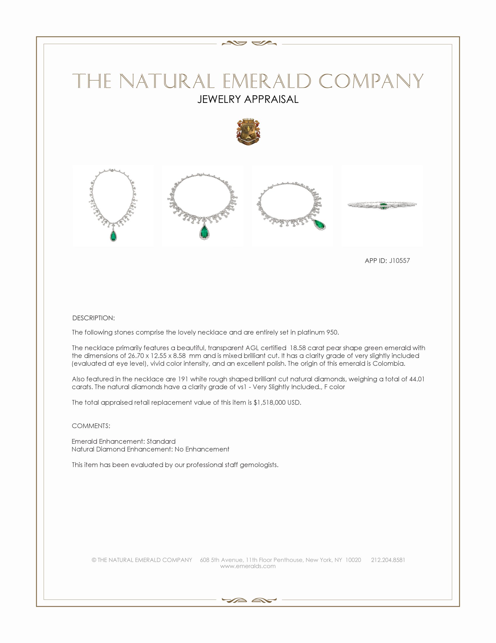 18.58 Ct. Emerald and Natural Diamond Halo Necklace, Platinum 950