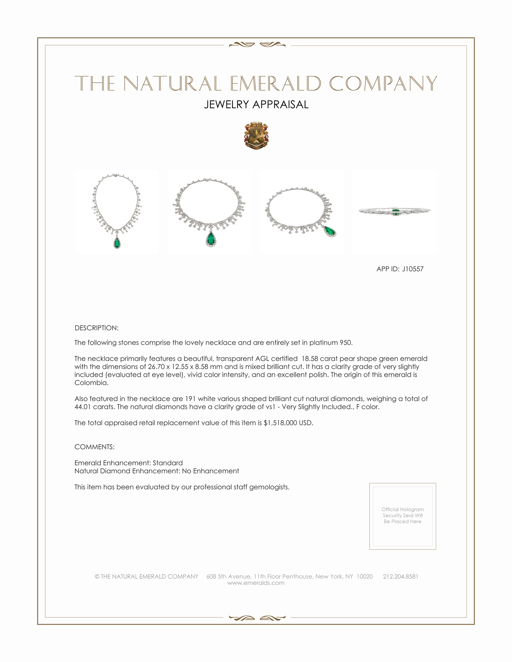 18.58 Ct. Emerald Natural Diamond Halo Necklace, Platinum 950