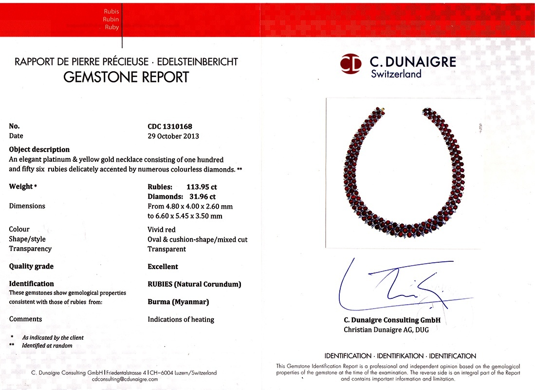 113.95 Ct. Ruby and Natural Diamond Accent Stones Necklace, Platinum & 18K Yellow