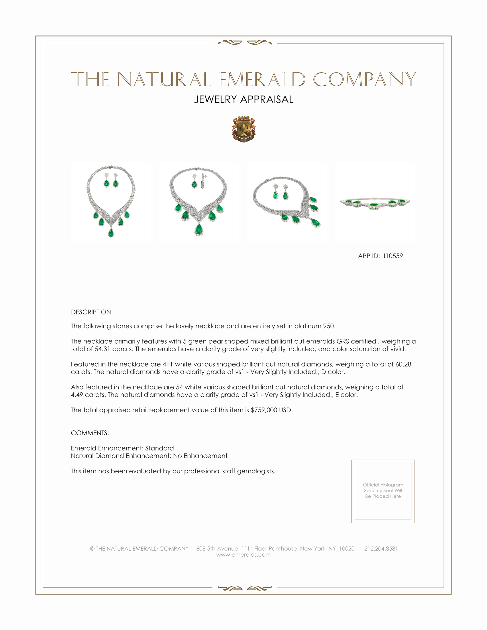 66.39 Ct.Tw. Emerald and Natural Diamond Pave Necklace, Platinum 950