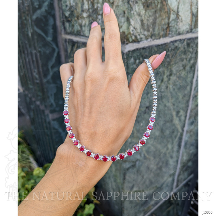 7.00 Ct. Ruby Natural Diamond Pave Necklace, 18K White Gold