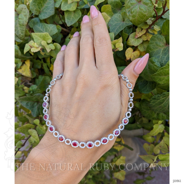 2.42 Ct. Ruby and Natural Diamond Halo Necklace, 18K White Gold