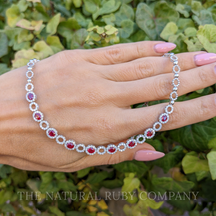 2.42 Ct. Ruby and Natural Diamond Halo Necklace, 18K White Gold