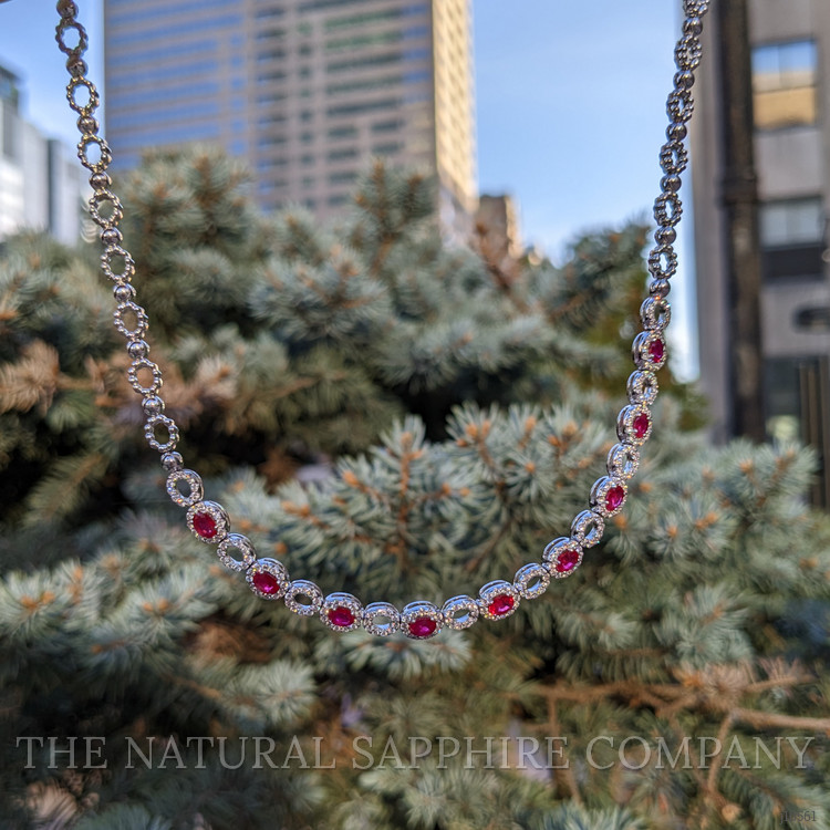 2.42 Ct. Ruby and Natural Diamond Halo Necklace, 18K White Gold