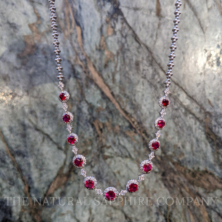 4.49 Ct. Ruby Natural Diamond Halo Necklace, 18K White Gold