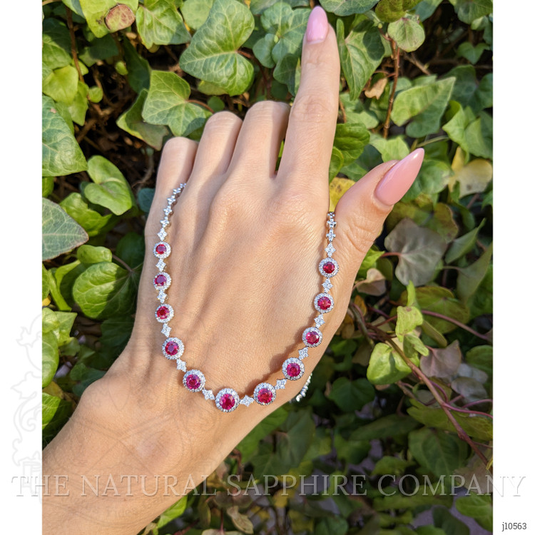 4.49 Ct. Ruby Natural Diamond Halo Necklace, 18K White Gold