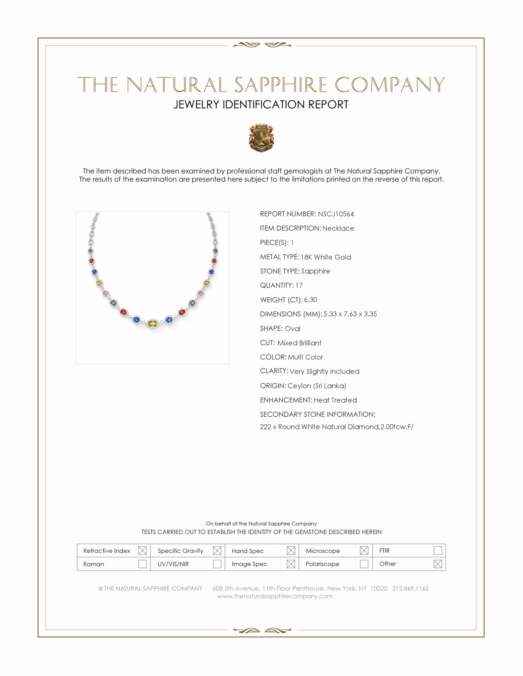 6.30 Ct. Multi Color Sapphire and Natural Diamond Halo Necklace, 18K White Gold