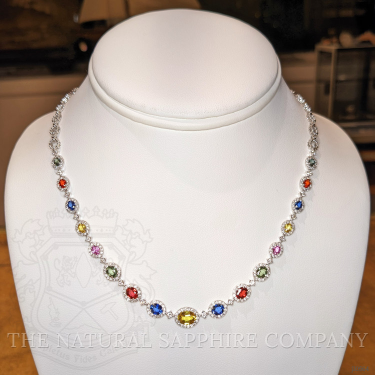 6.30 Ct. Multi Color Sapphire and Natural Diamond Halo Necklace, 18K White Gold