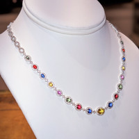 6.30 Ct. Multi Color Sapphire and Natural Diamond Halo Necklace, 18K White Gold Image