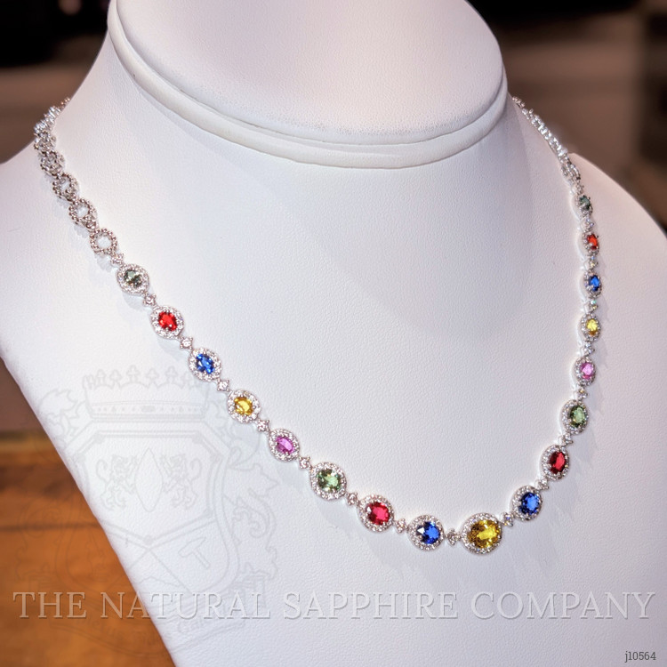 6.30 Ct. Multi Color Sapphire and Natural Diamond Halo Necklace, 18K White Gold
