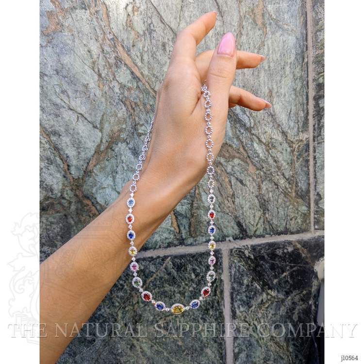 6.30 Ct. Multi Color Sapphire and Natural Diamond Halo Necklace, 18K White Gold