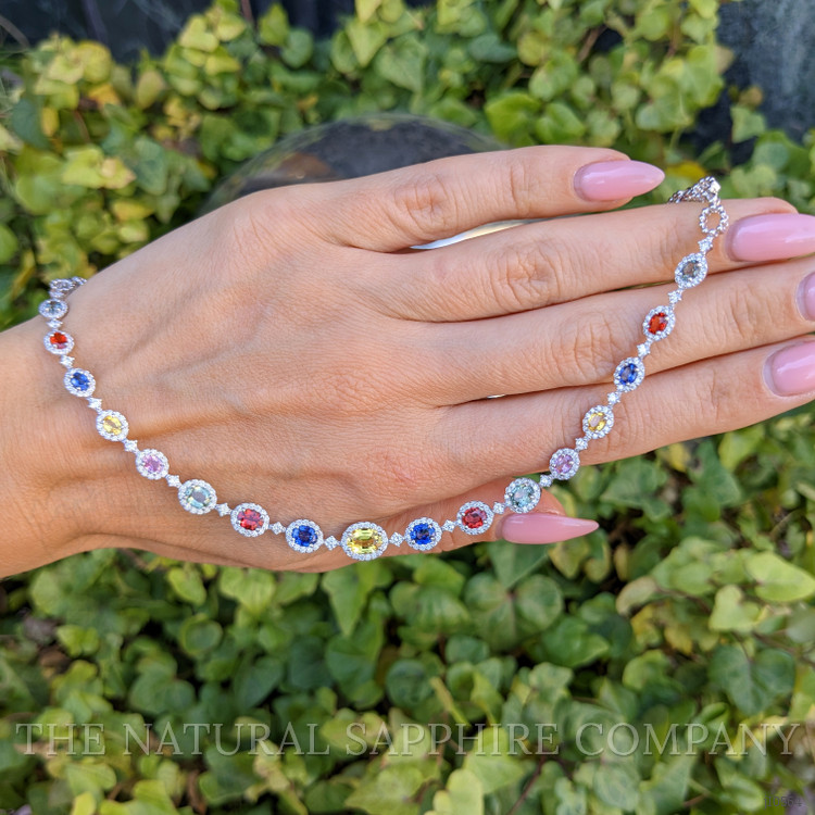 6.30 Ct. Multi Color Sapphire and Natural Diamond Halo Necklace, 18K White Gold