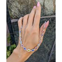 6.30 Ct. Multi Color Sapphire and Natural Diamond Halo Necklace, 18K White Gold Life Style