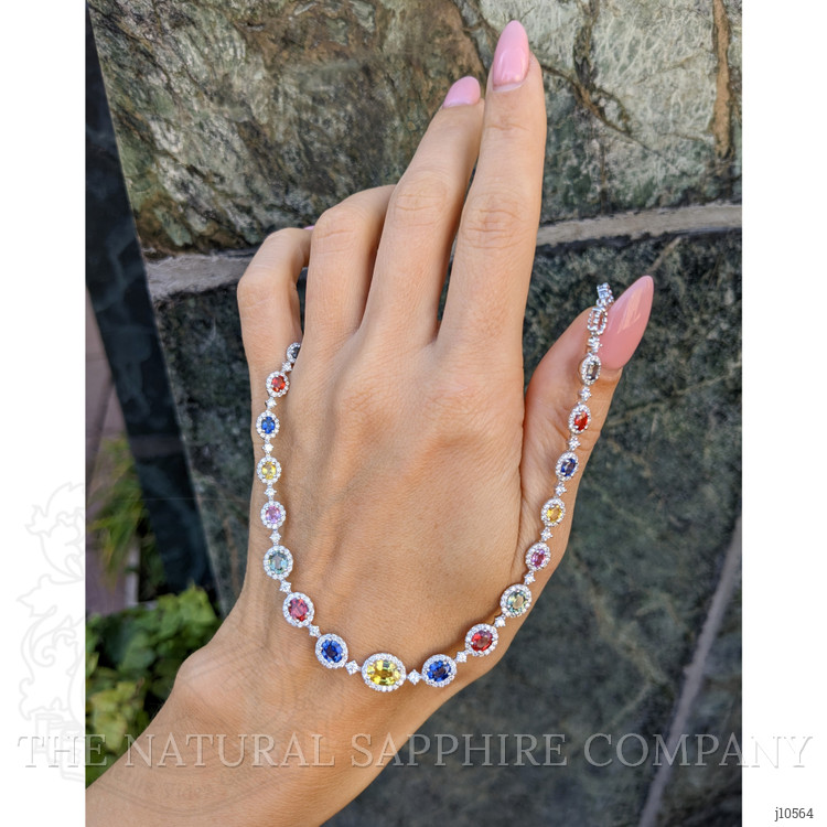 6.30 Ct. Multi Color Sapphire and Natural Diamond Halo Necklace, 18K White Gold