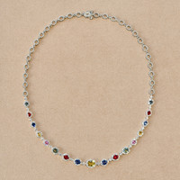 6.30 Ct. Multi Color Sapphire and Natural Diamond Halo Necklace, 18K White Gold Life Style