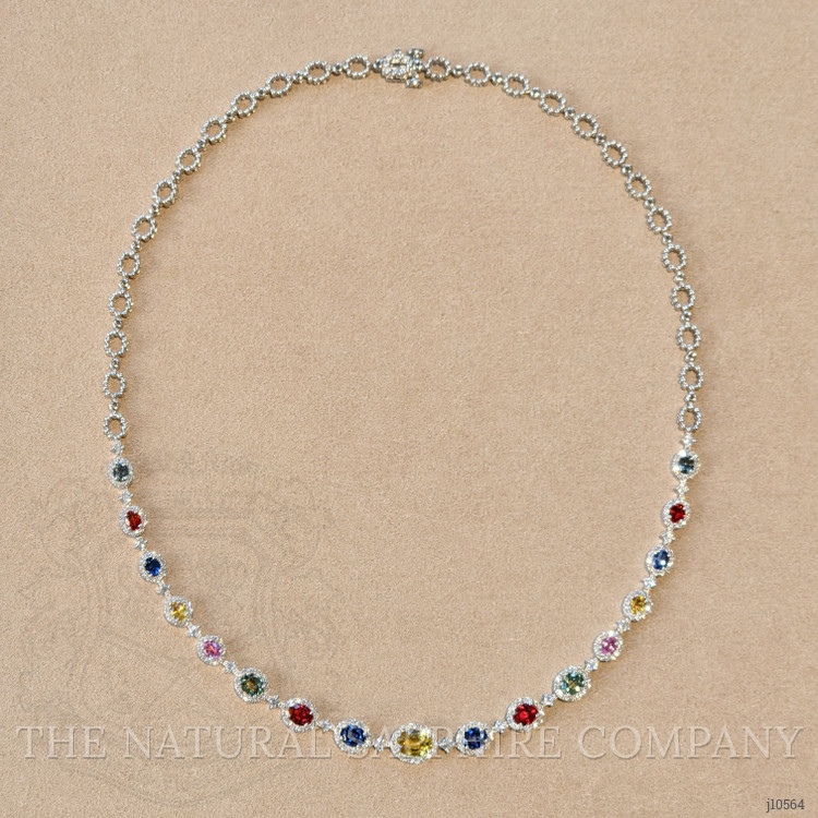6.30 Ct. Multi Color Sapphire and Natural Diamond Halo Necklace, 18K White Gold