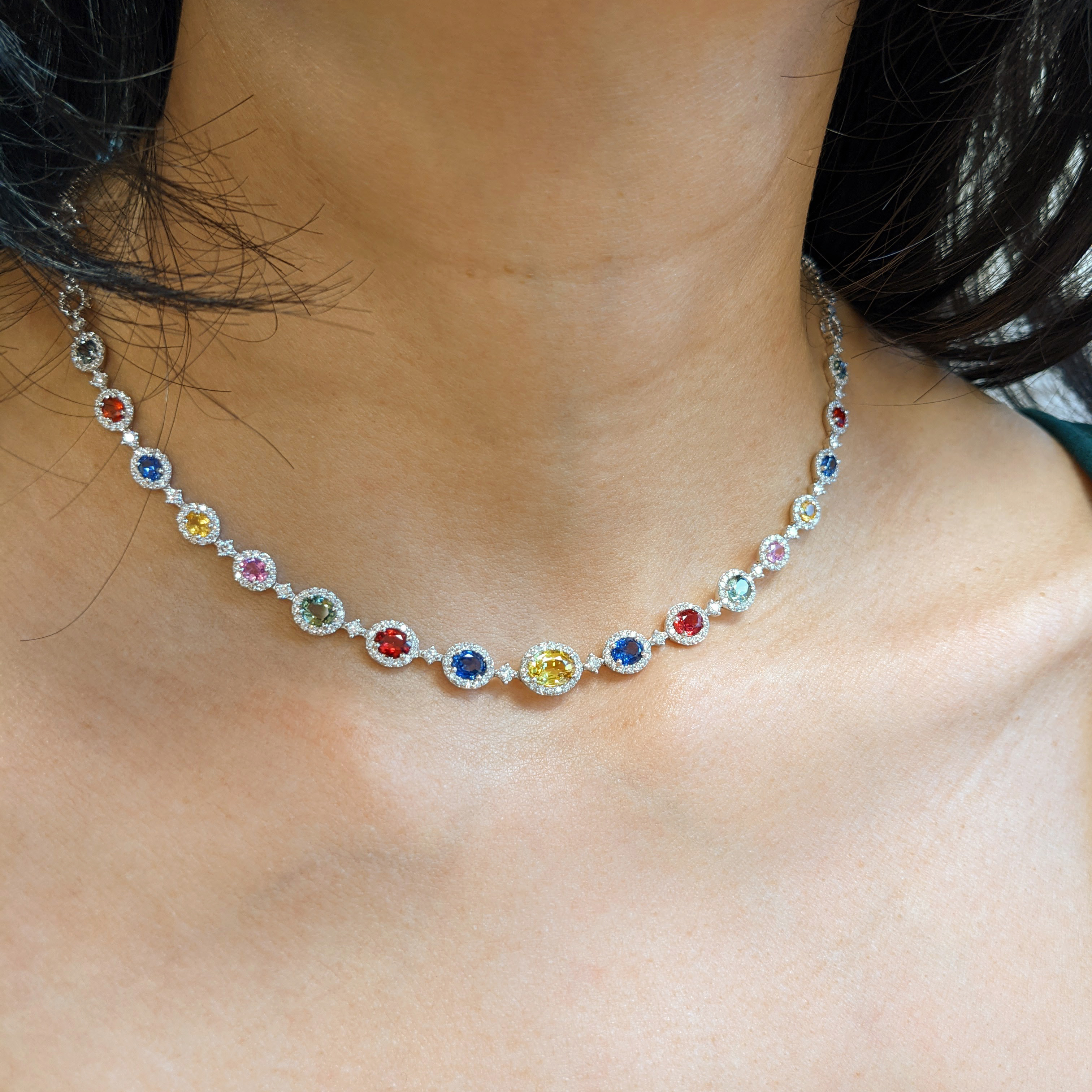 Multi Color Sapphire and Natural Diamond Halo Necklace - Oval 6.3