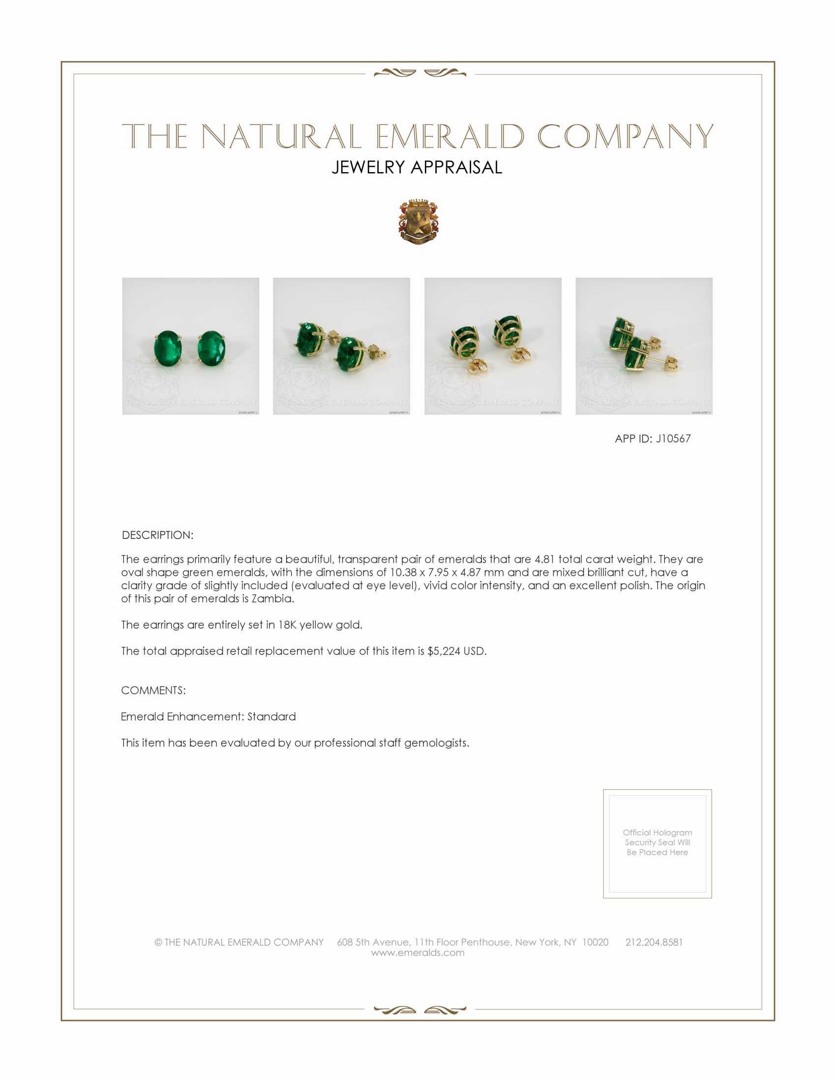 4.81 Ct.Tw. Emerald Studs Earrings, 18K Yellow Gold