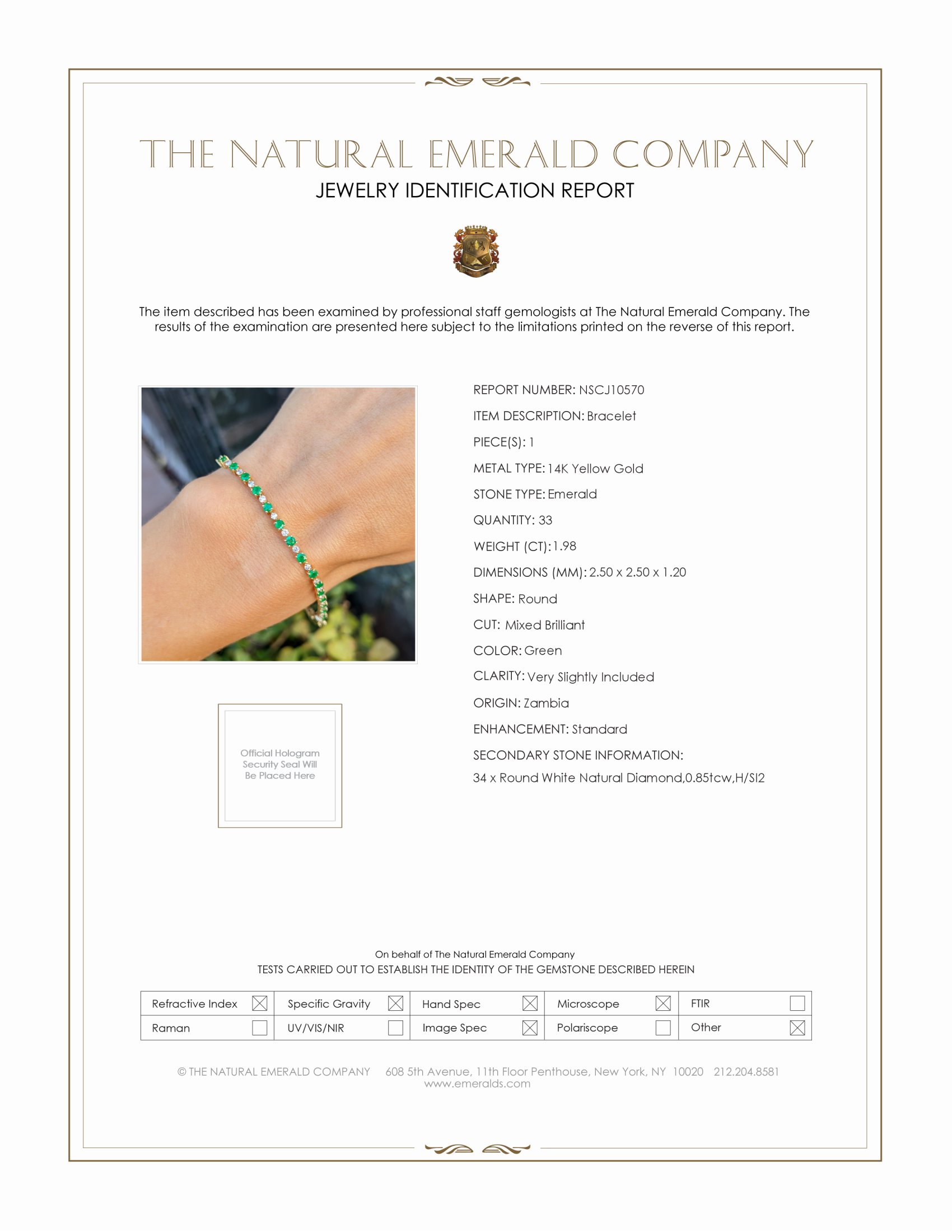 1.98 Ct.Tw. Emerald and Natural Diamond Tennis/Line Bracelet, 14K Yellow Gold