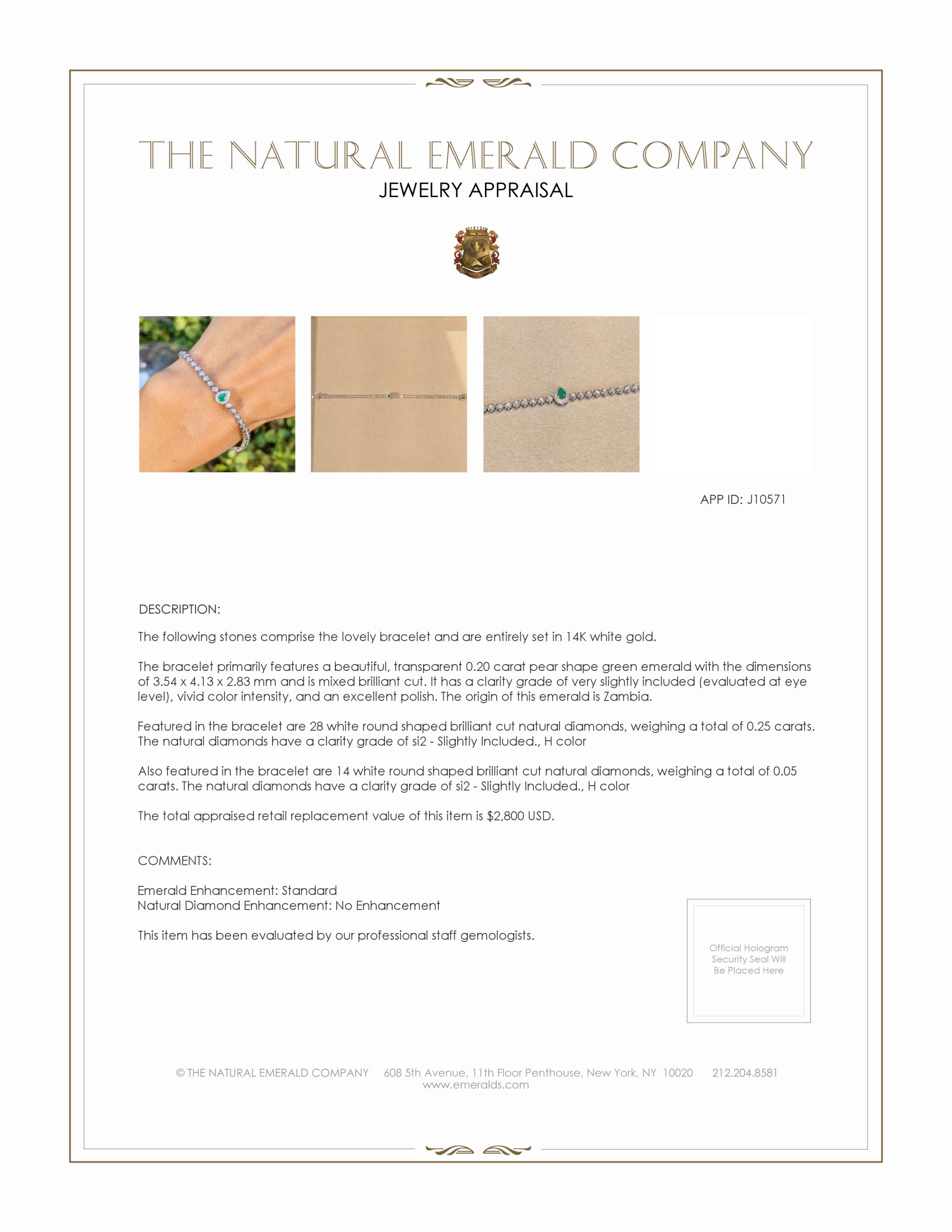 0.20 Ct.Tw. Emerald and Natural Diamond Pave Bracelet, 14K White Gold