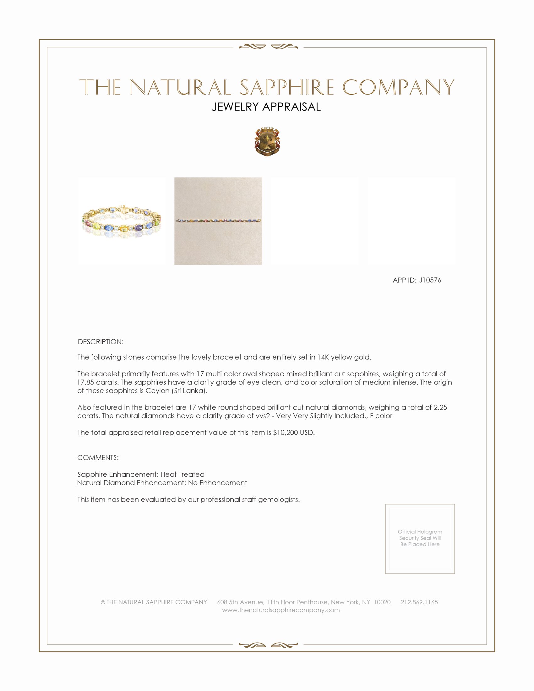 17.85 Ct.Tw. Multi Color Sapphire and Natural Diamond Tennis/Line Bracelet, 14K Yellow Gold