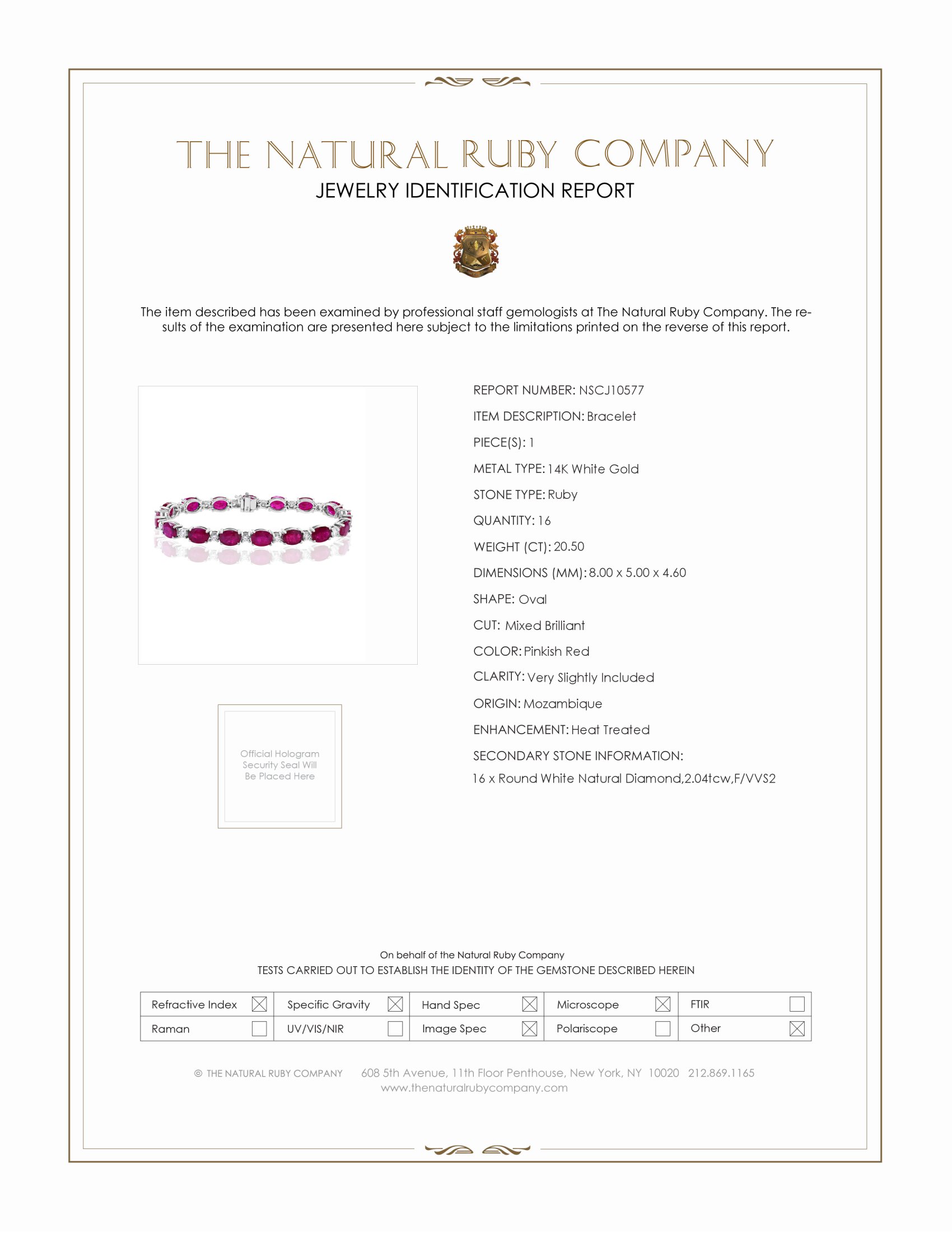 20.50 Ct.Tw. Pinkish Red Ruby and Natural Diamond Tennis/Line Bracelet, 14K White Gold