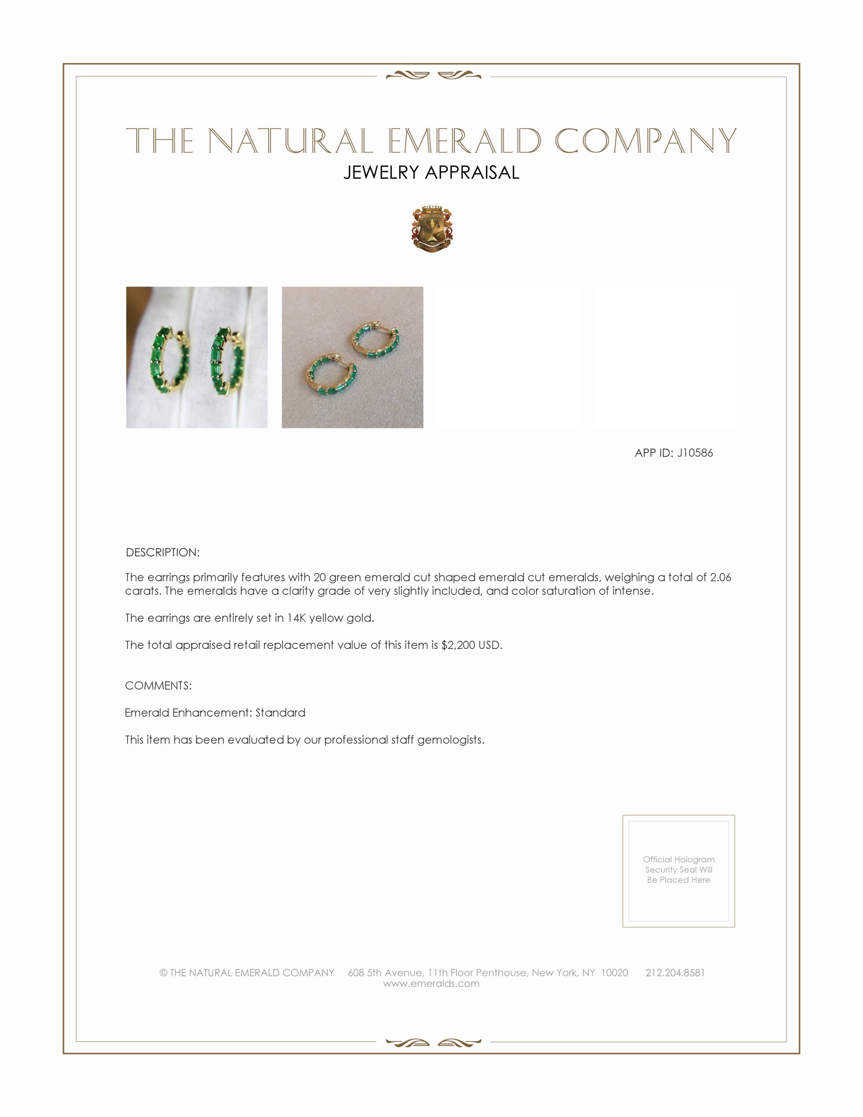 2.06 Ct.Tw. Emerald Hoops Earrings, 14K Yellow Gold