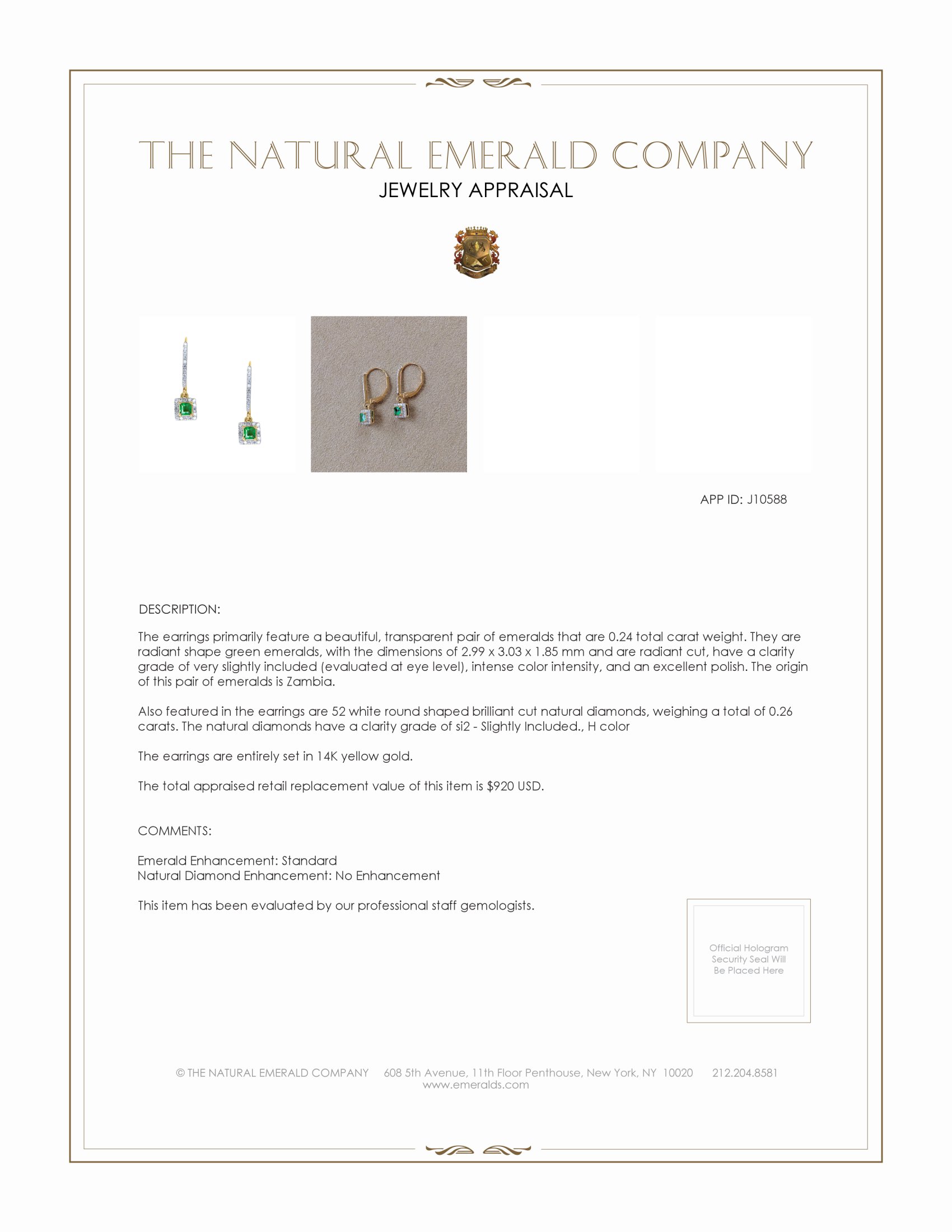 0.24 Ct.Tw. Emerald Natural Diamond Drops Earrings, 14K Yellow Gold