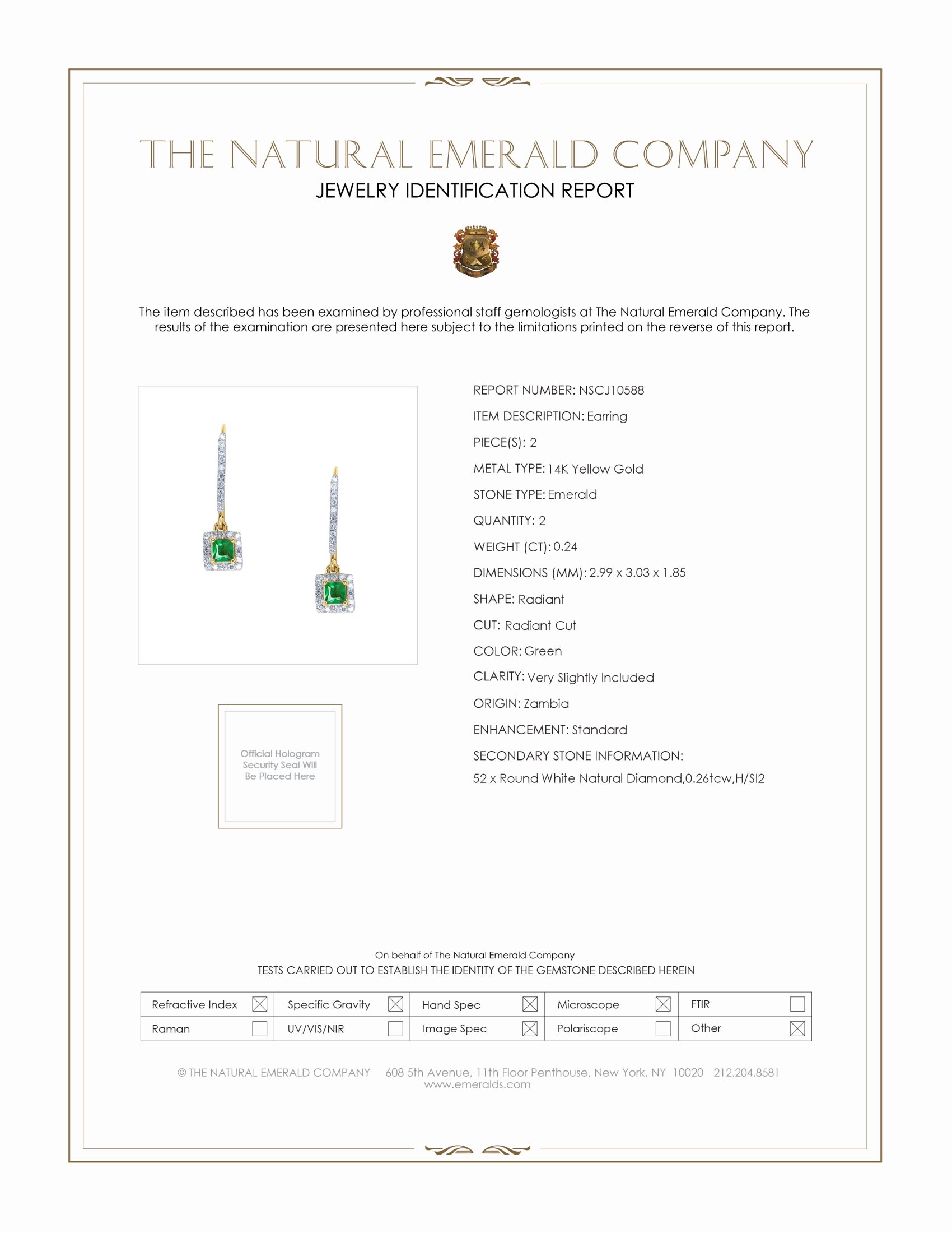 0.24 Ct.Tw. Emerald and Natural Diamond Drops Earrings, 14K Yellow Gold