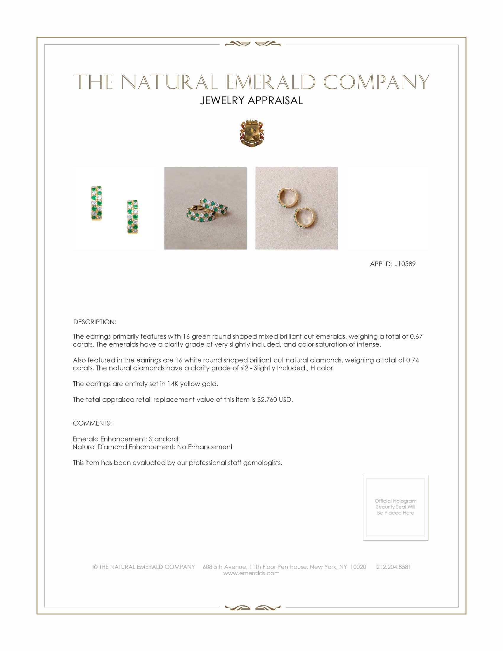 0.67 Ct.Tw. Emerald and Natural Diamond Hoops Earrings, 14K Yellow Gold