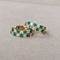 0.67 Ct.Tw. Emerald Natural Diamond Hoops Earrings, 14K Yellow Gold Life Style