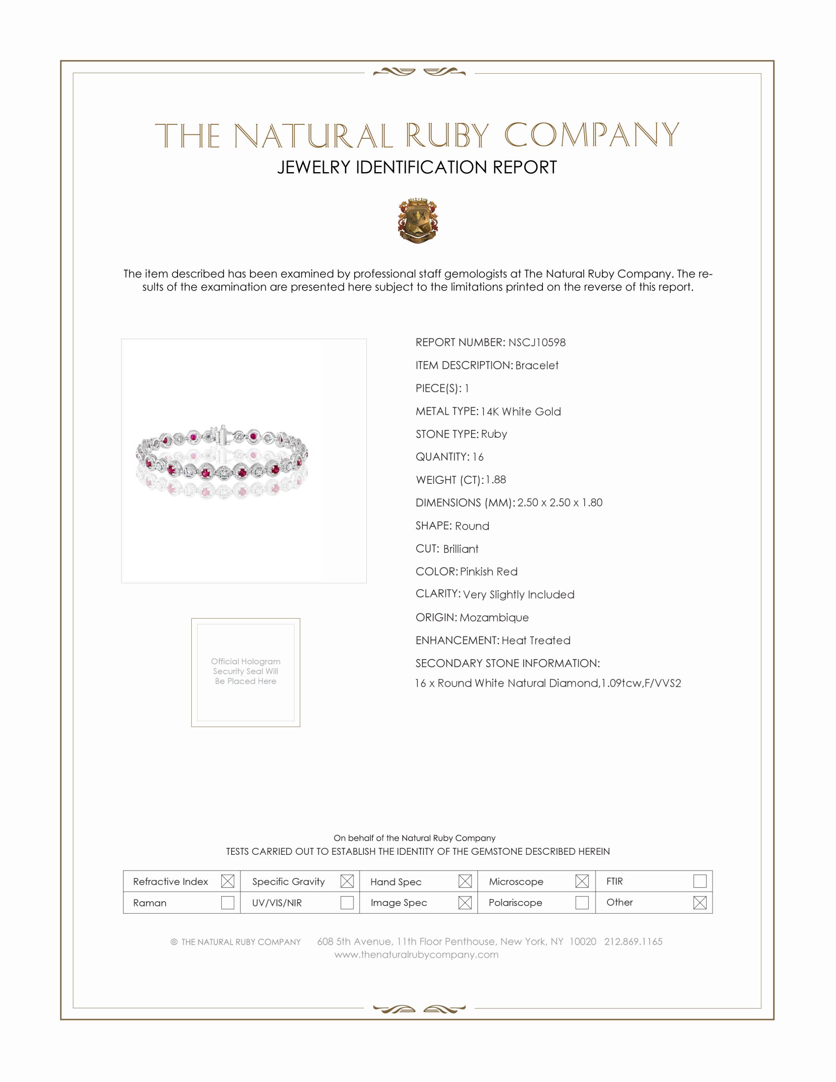 1.88 Ct.Tw. Pinkish Red Ruby and Natural Diamond Tennis/Line Bracelet, 14K White Gold