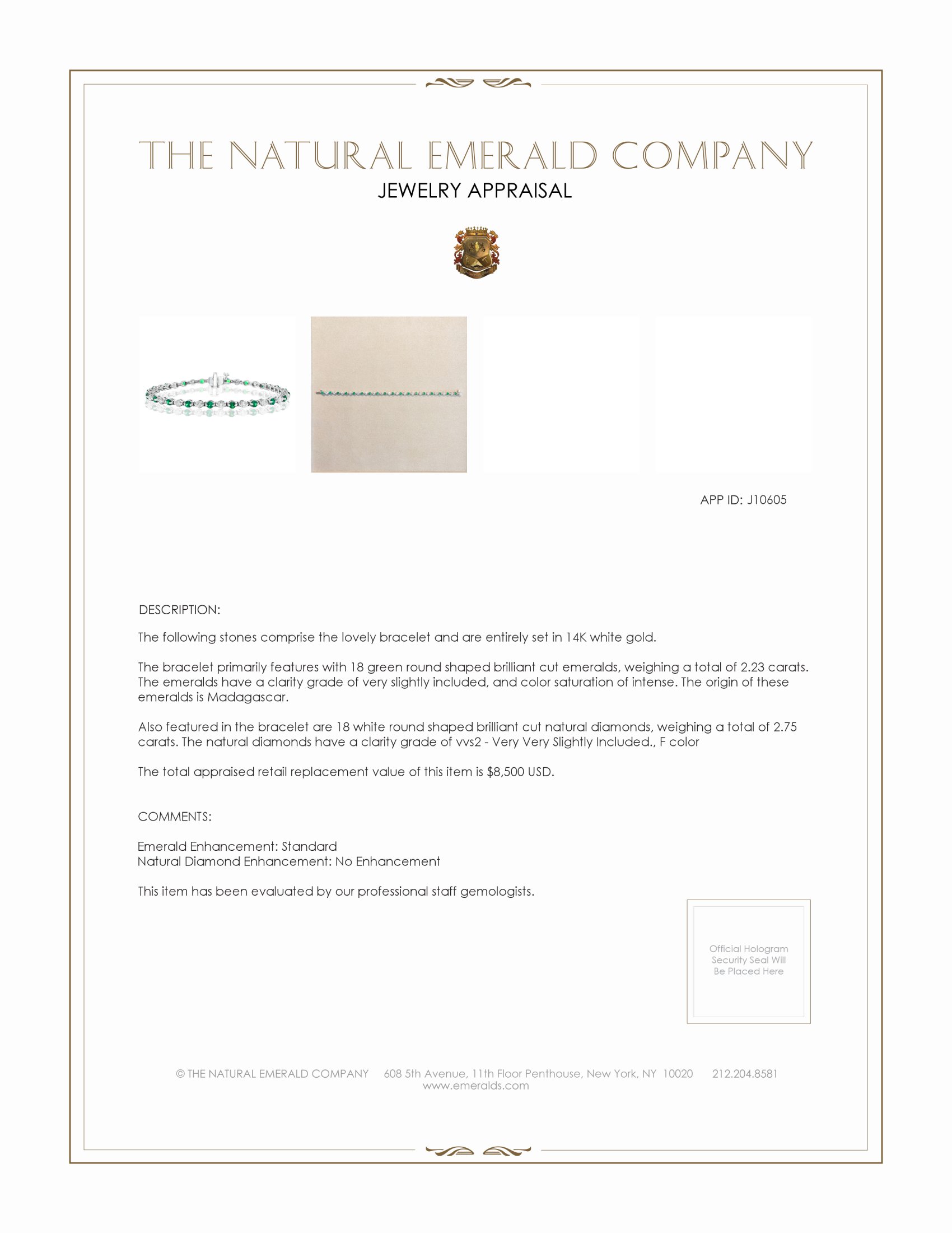 2.23 Ct.Tw. Emerald and Natural Diamond Tennis/Line Bracelet, 14K White Gold