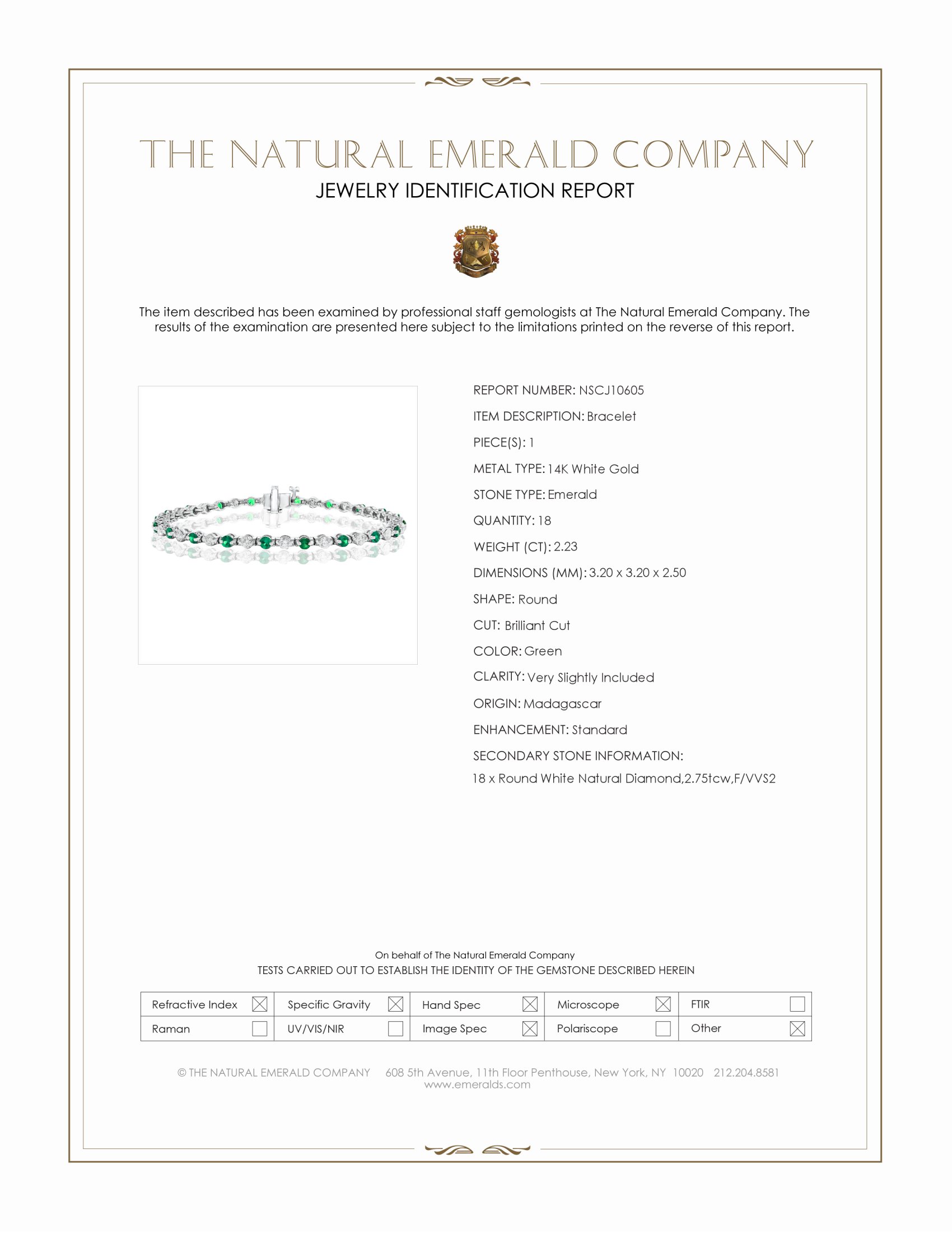 2.23 Ct.Tw. Emerald and Natural Diamond Tennis/Line Bracelet, 14K White Gold