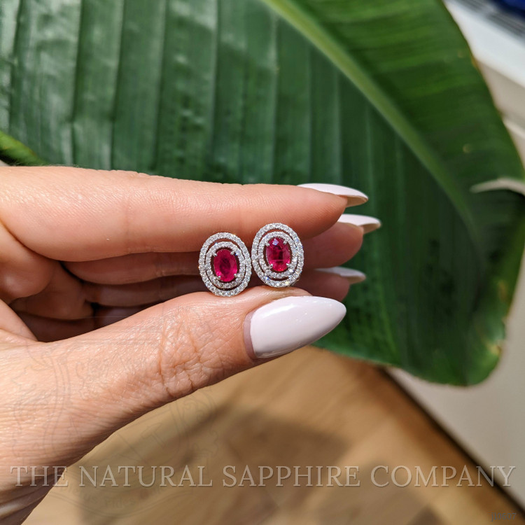 1.12 Ct.Tw. Ruby Natural Diamond Pave Earrings, 18K White Gold