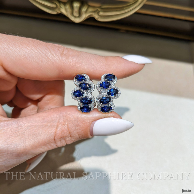 2.75 Ct.Tw. Blue Sapphire and Natural Diamond Pave Earrings, 18K White Gold