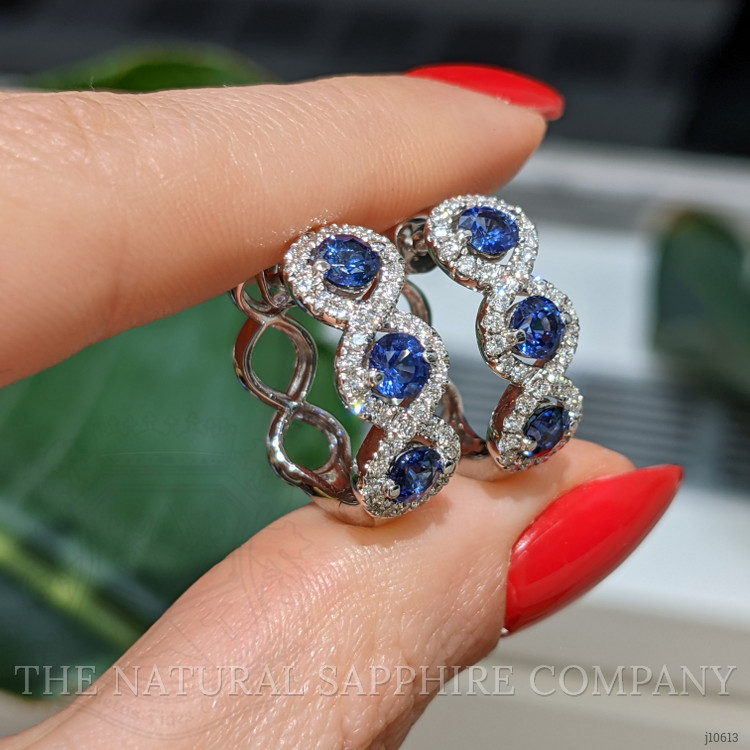 2.59 Ct.Tw. Blue Sapphire and Natural Diamond Pave Earrings, 18K White Gold