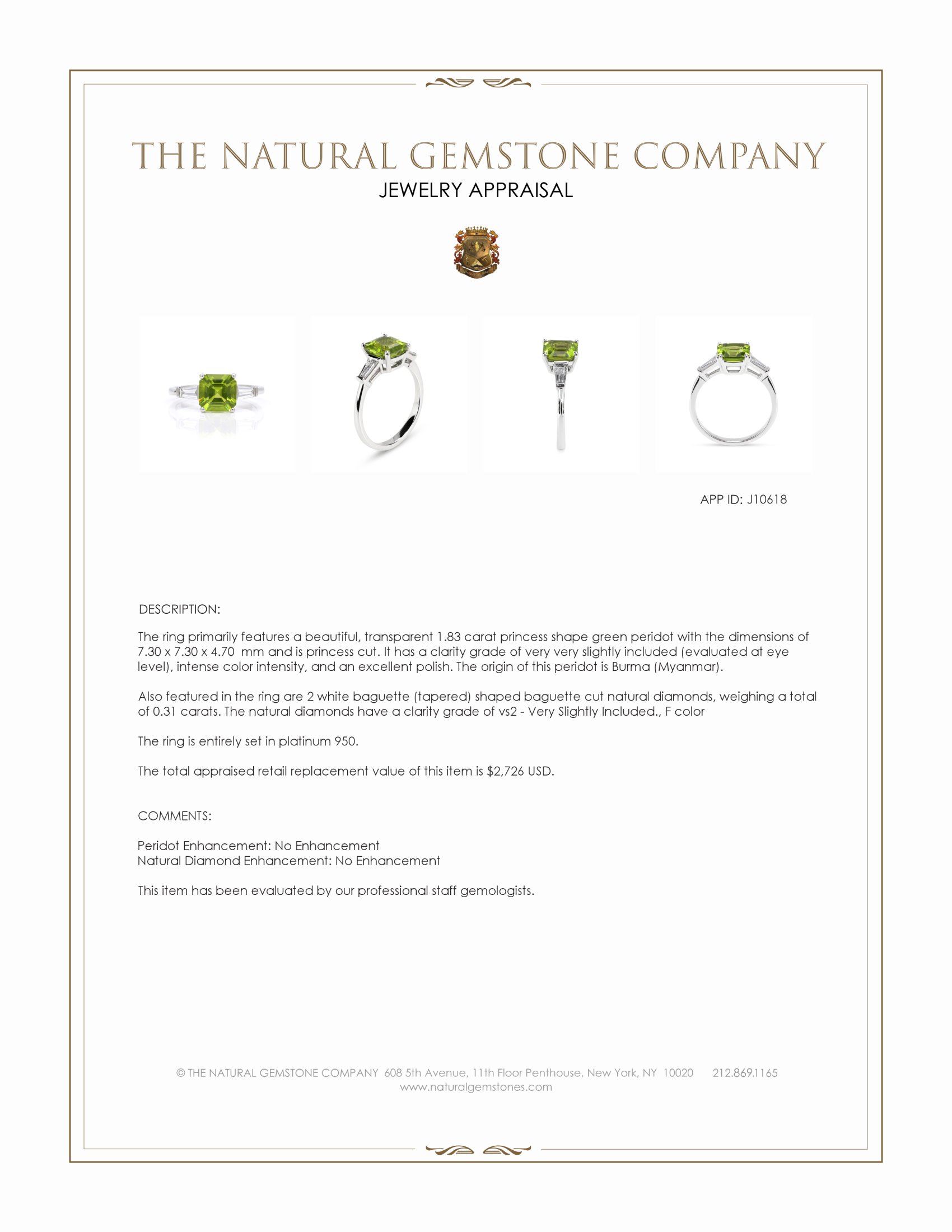 1.83 Ct. Green (Lime Green) Peridot and Natural Diamond Three Stone Ring, Platinum 950